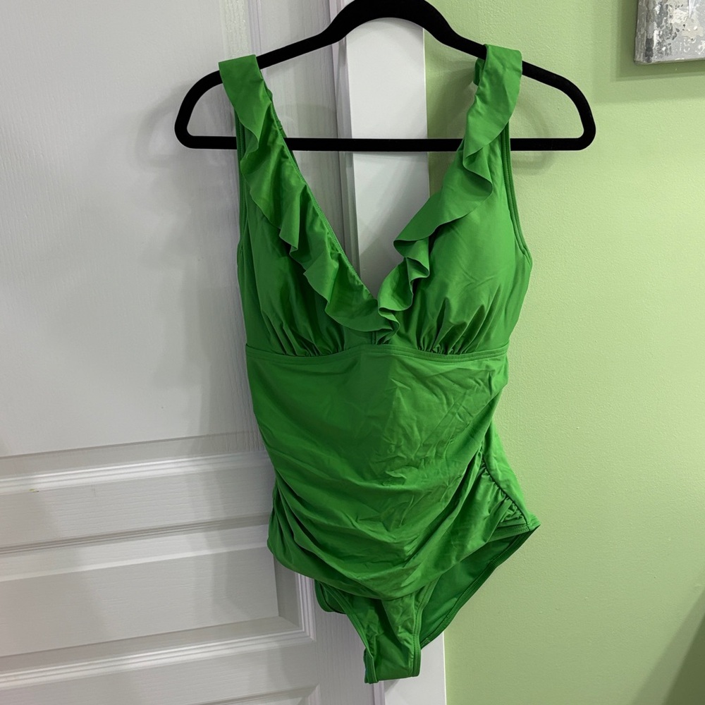 DKNY Green Ruffle One Piece Swimsuit